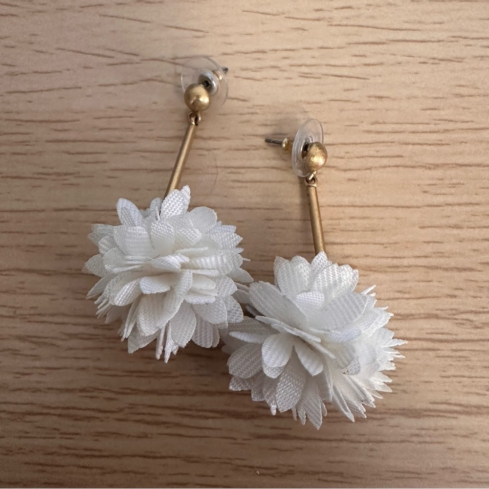 J.Crew Blossom Drop Earrings, gold-tone rod with a fabric flower drop design.